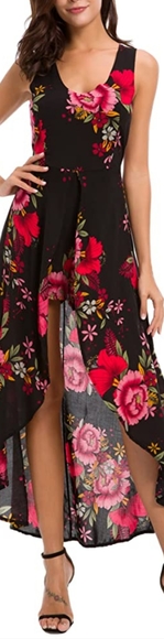 Sleeveless Scoop Neck Floral Rayon Party Split Maxi Romper Dress - Picture 3 of 4